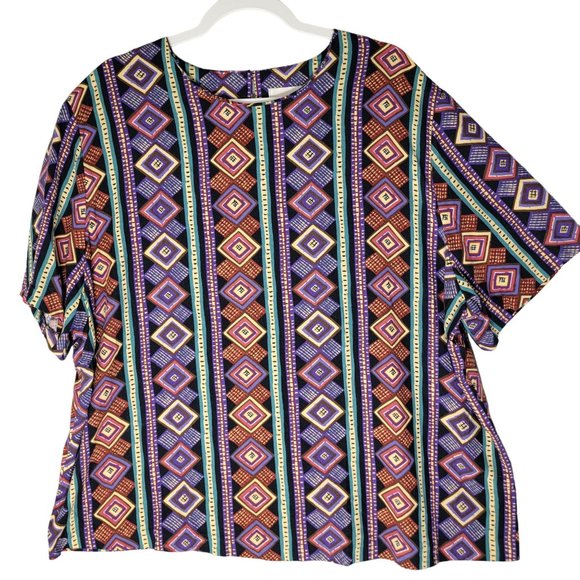 Maggie Barnes Aztec Colorful Multicolor Blouse 22W Purple Pull Over SS Blouse - Picture 1 of 8